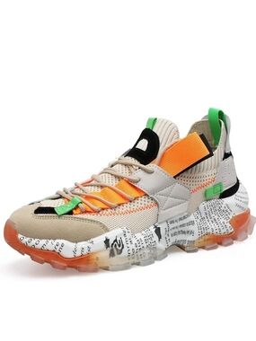 Source Unknown Beige Knit Sneakers with Orange and Green Accents